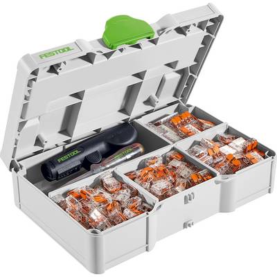 "Festool"-Werkzeugkasten offen, mit mehreren Fächern gefüllt mit Verbindern. Ein Werkzeug und ein Marker befinden sich ebenfalls in der Box.
