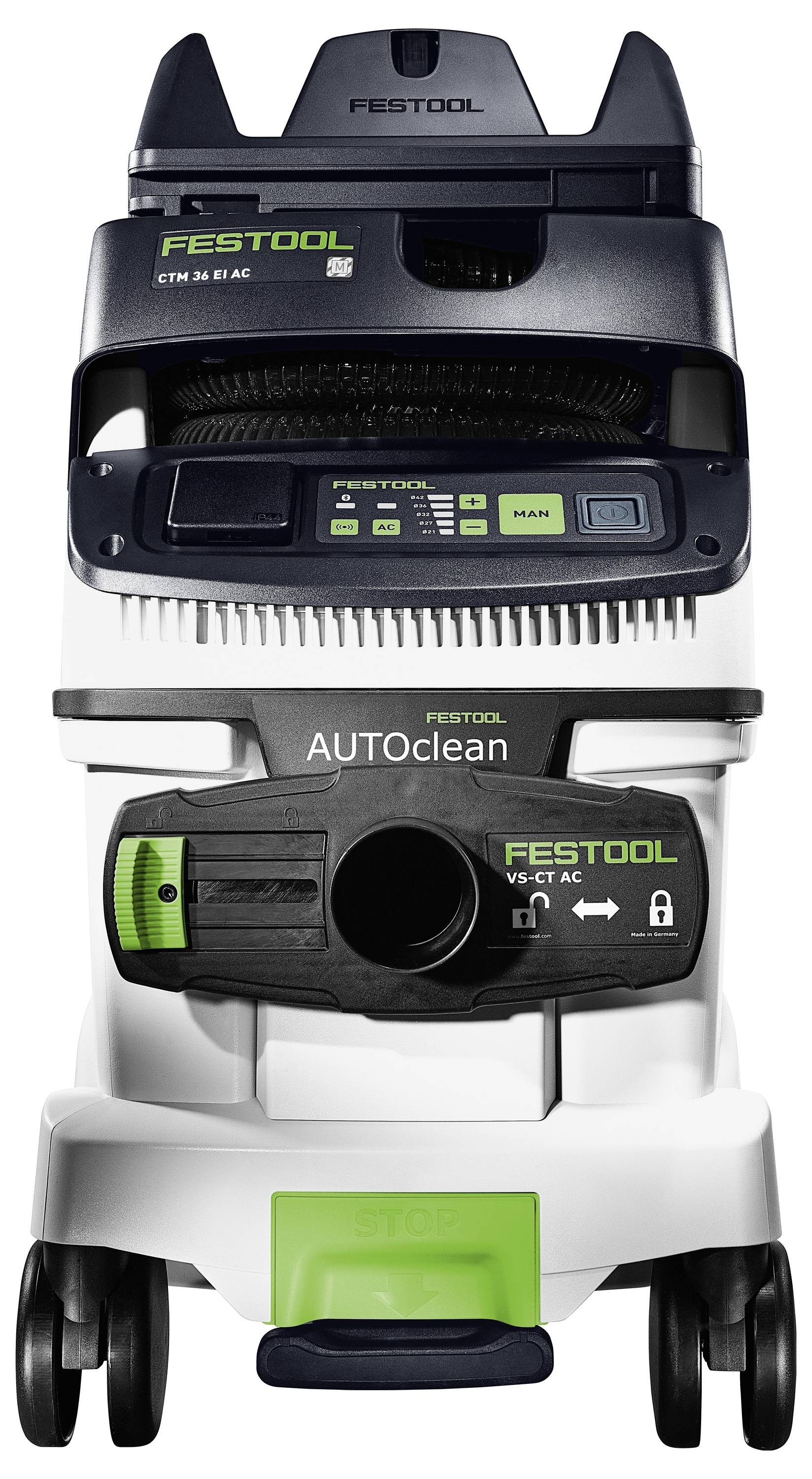 Industriestaubsauger 'Festool CTM 36 E AC' mit grünen und schwarzen Akzenten, zeigt Bedienfeld, Griff und Räder.