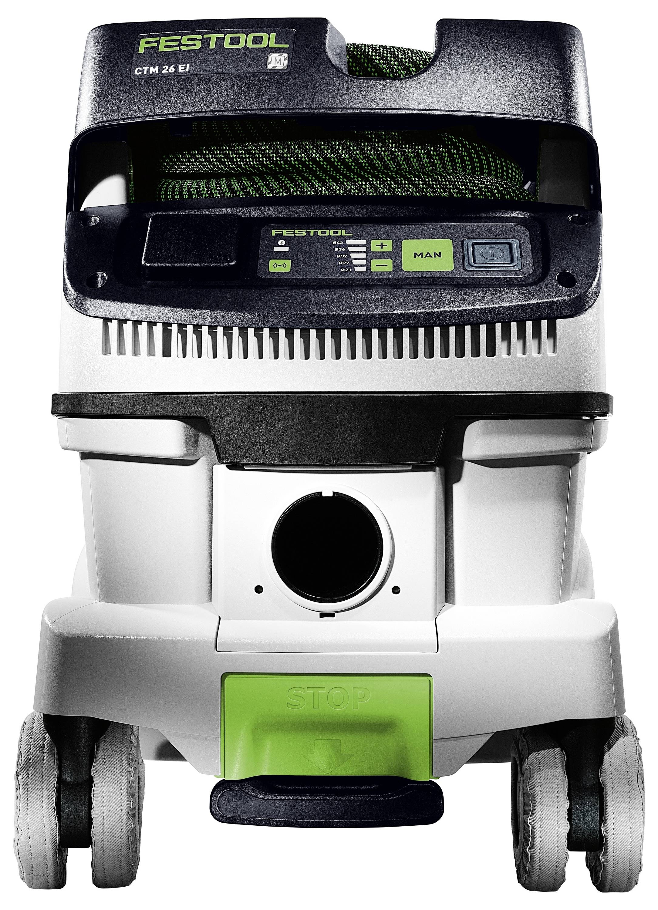 Festool CTM 26 E1 mobiler Staubsauger mit großem Fassungsvermögen, schwarzes und weißes Design, vorderes Bedienfeld und Schlauchlagerung.