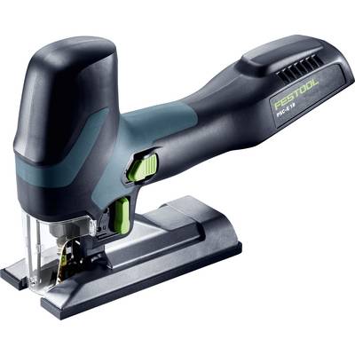 Eine schwarze und grüne Festool PSC 420 Akku-Stichsäge mit schlankem Design, ergonomischem Griff und fortschrittlichen Schneidfähigkeiten.