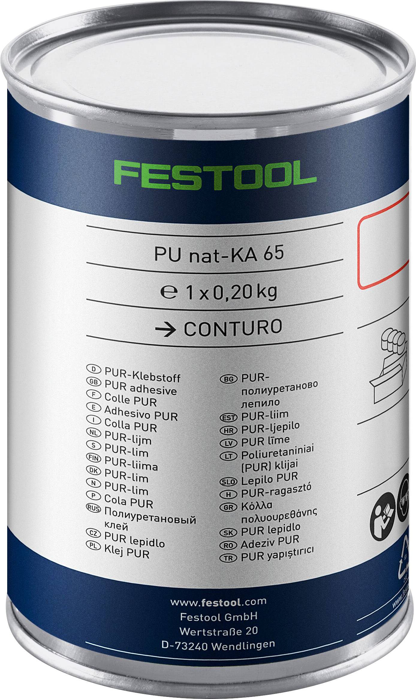 Eine zylindrische Dose Festool-Klebstoff, mit der Bezeichnung „PUR nat-KA 65", mit einem Inhalt von 0,20 kg. Das Etikett listet verschiedene Sprachen für die Verwendung des Klebstoffs auf.