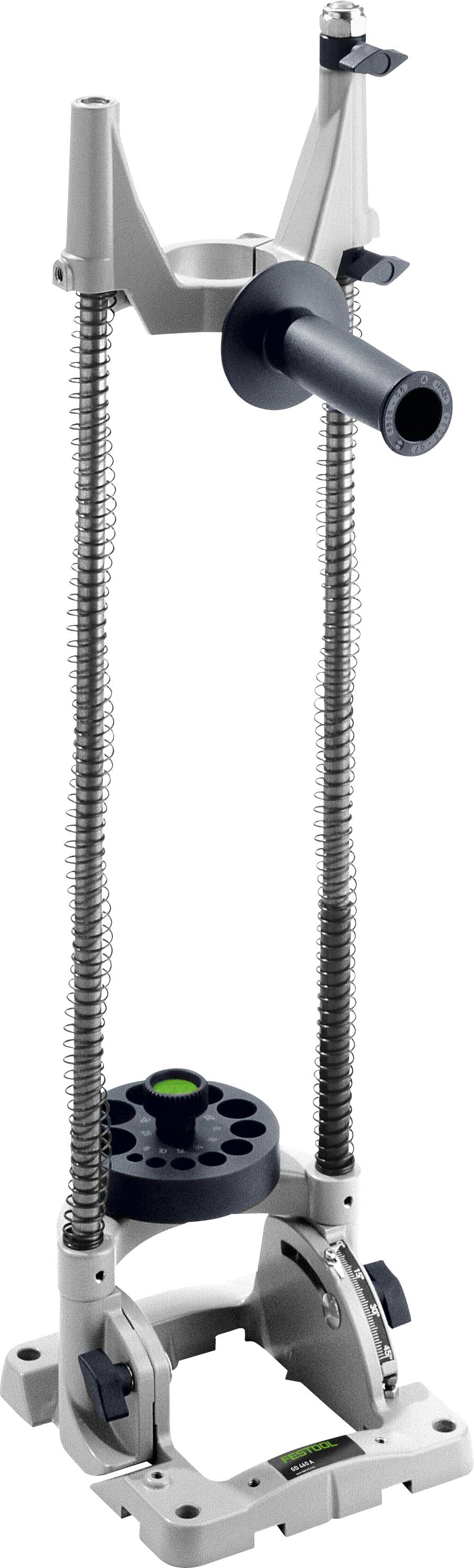 Ein Werkzeugständer mit vertikal verstellbarem Stab und Halter, entwickelt zur Stabilisierung von Werkzeugen während der Verwendung, mit robustem Metallrahmen.