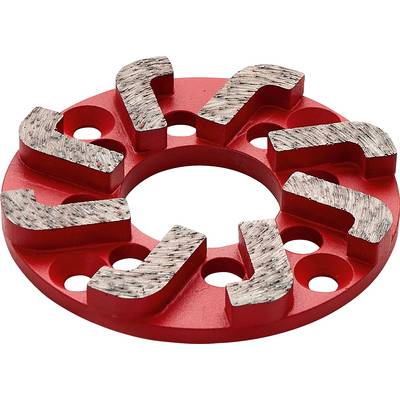 Ein rotes Schleifrad mit sechs angebrachten Metalldiamantensegmenten, ausgestattet mit kreisförmigen Befestigungslöchern; wird zur Oberflächenvorbereitung verwendet.