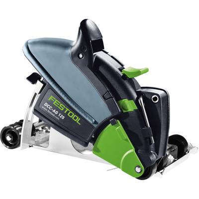 „FESTOOL DCC-AG 125" – Etikett auf einem schwarz-grünen Schneidewerkzeug für präzises Schneiden mit ergonomischem Griff und Schutzvorrichtung.
