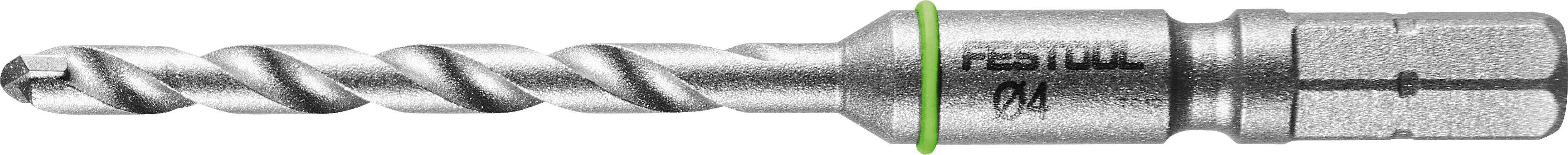 Ein Metallbohrer mit spiralförmigem Schaft und sechskantigem Fuß, gekennzeichnet mit „FESTOOL D4". Geeignet für Holzbearbeitung oder Metallbearbeitung.