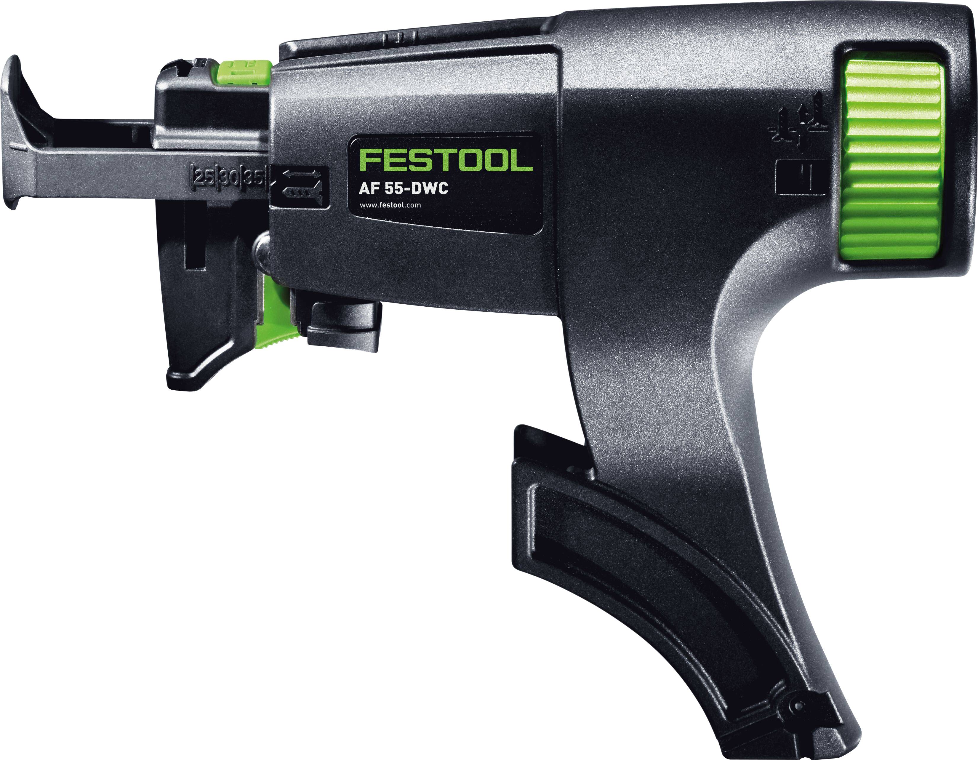 Ein schwarzes und grünes Festool AF 55-DWC Werkzeug mit Griffgriff, Hebel und flacher Düse, entwickelt für präzise Befestigungsanwendungen.