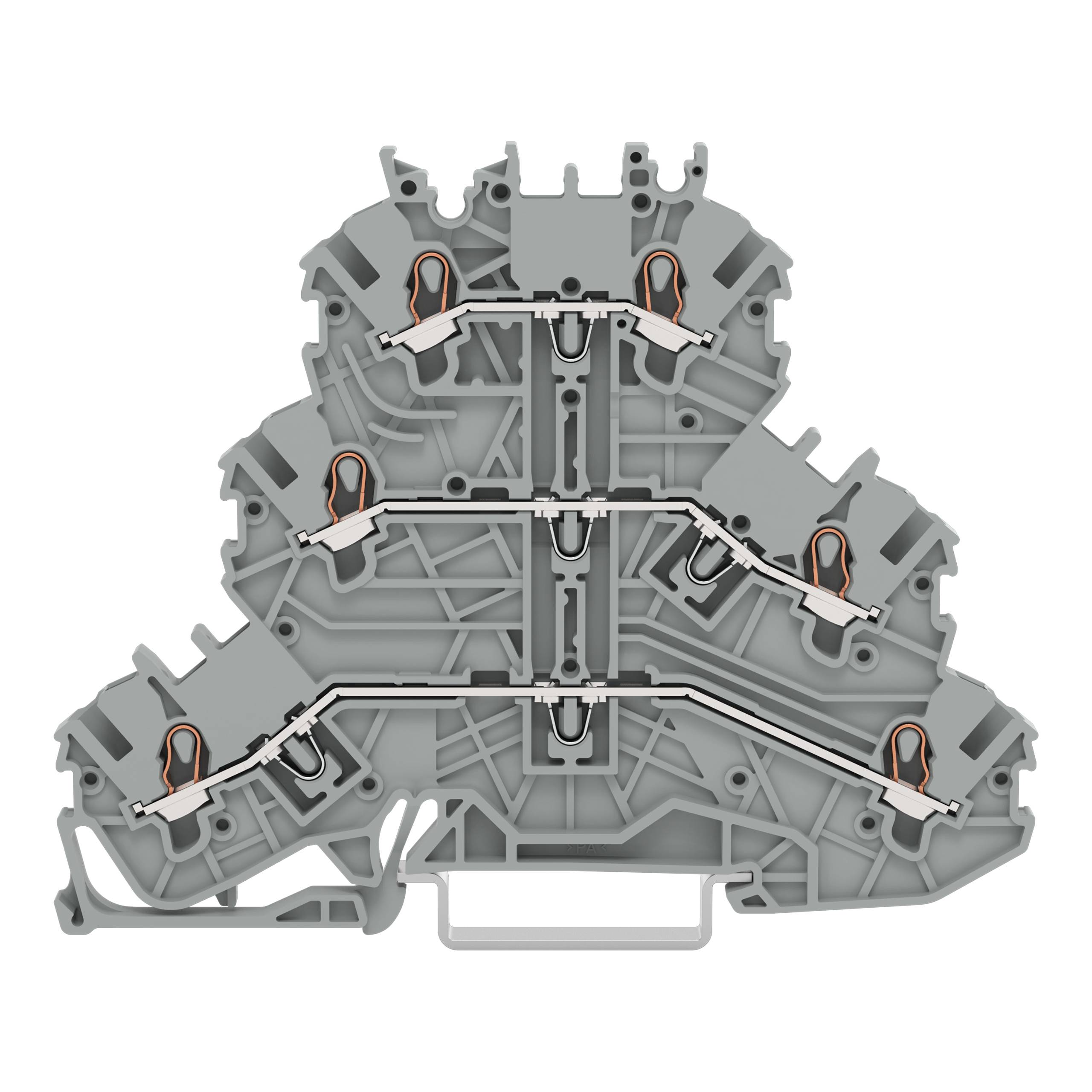 Ein graues, dreieckig geformtes Elektroklemmenleistenblock mit mehreren Verbindungspunkten und sichtbaren Metallverbindern im Inneren.
