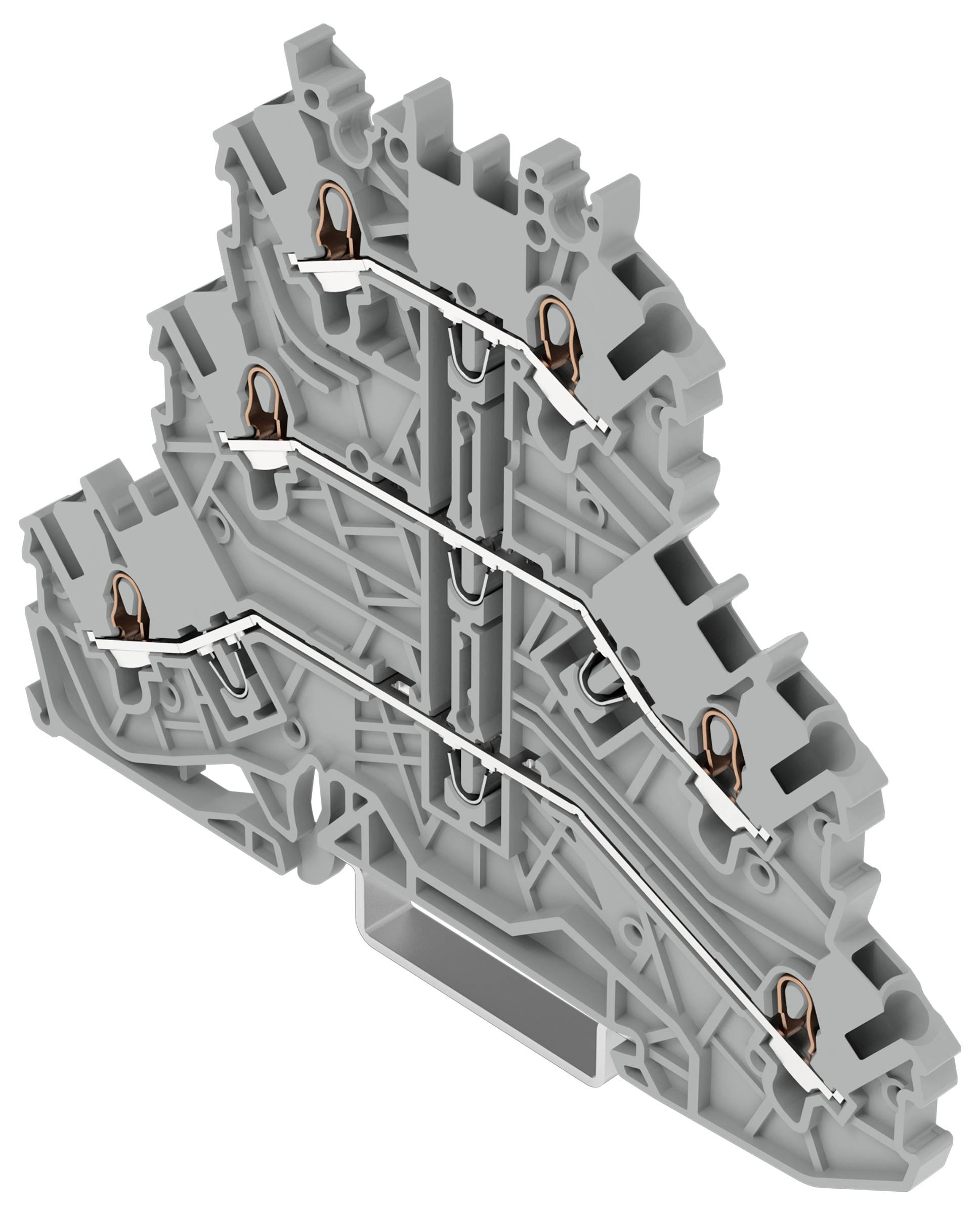 Ein dreistöckiges Klemmleistenmodul in Grau mit Metallkonnektoren und Öffnungen zur Verdrahtung, das für elektrische Schaltungsverbindungen in Schaltschrankdesigns verwendet wird.