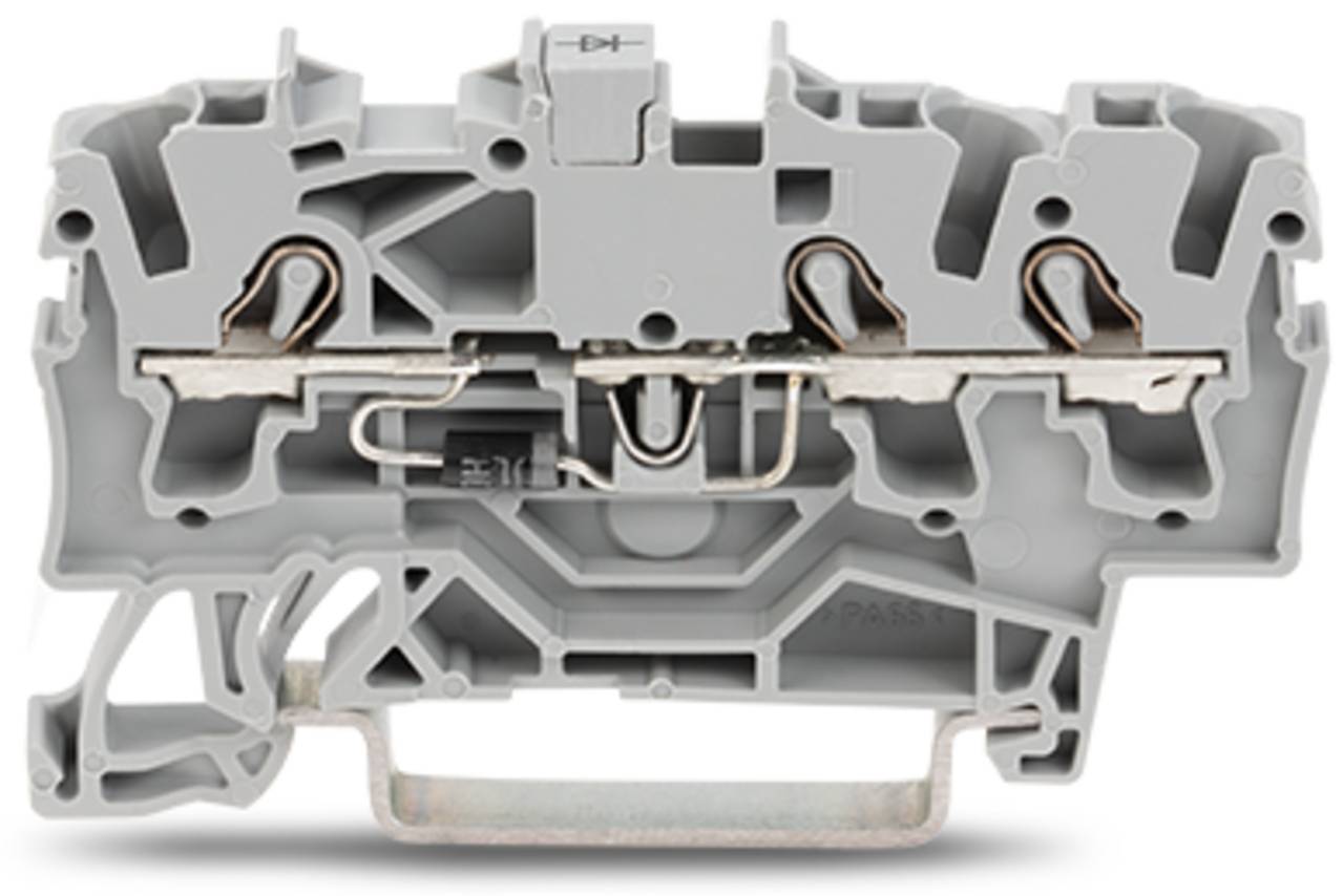 Ein grauer, kunststoffgebundener Elektroklemmblock mit zwei Metallklemmen in der Mitte, der zum Verbinden und Sichern von Stromkabeln verwendet wird.