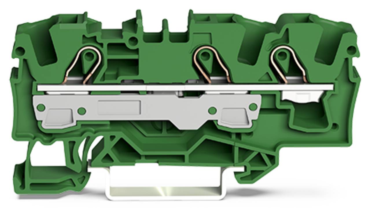Ein grüner Klemmblock mit Metallkontakten und einer Montageklammer, der für Elektrodrahtverbindungen in industriellen oder Automatisierungsanwendungen verwendet wird.