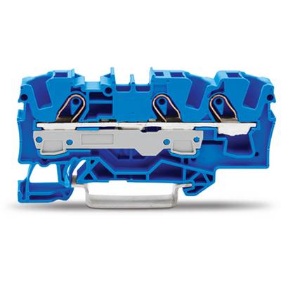 Ein blaues, modulares DIN-Schienenklemmenblock mit schraubenlosen Anschlüssen und einer Metallanschlusshalterung auf der Unterseite.