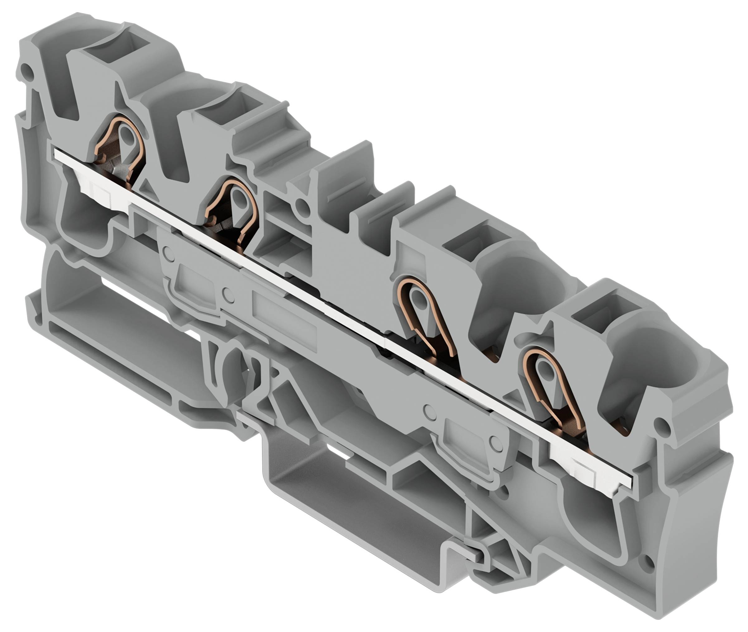 Querschnitt eines grünen und gelben Elektroklemmenblocks, der die internen Metallleiter und die Steckverbindungs-Design zeigt.