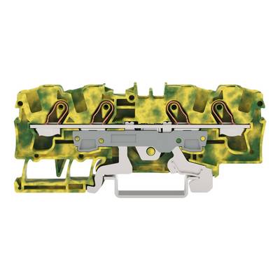 Querschnitt eines gelben Klemmblocks mit internen Metallkomponenten und Verbindungspunkten.