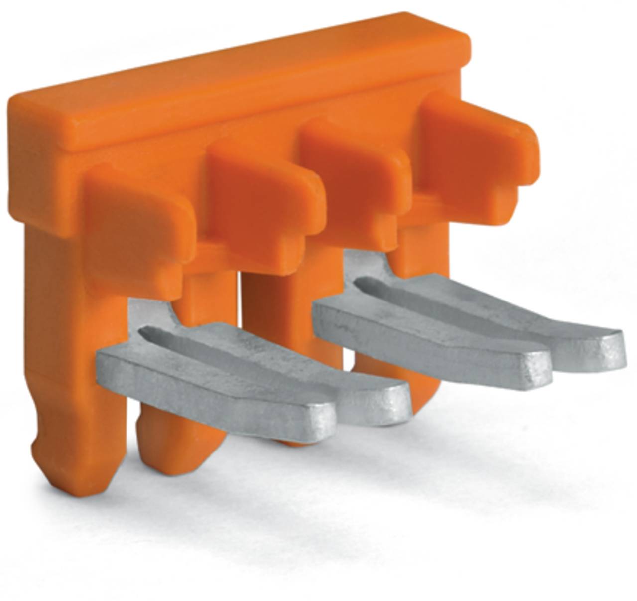Ein orangefarbenes elektrisches Jumper-Kabel mit drei Stiften, das verwendet wird, um benachbarte Anschlüsse auf einem Gerät oder einer Leiterplatte zu verbinden.