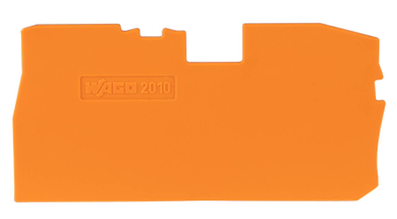 „WAGO 2010" – orangefarbenes Kunststoffzubehörteil, speziell geformt für eine bestimmte technische Anwendung, wahrscheinlich eine Verdrahtungs- oder Elektrikkomponentenabdeckung.