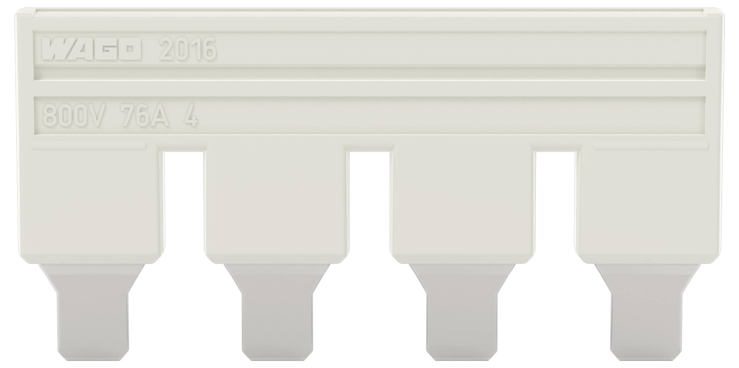 Ein Wago-Elektrostecker mit vier Schlitzen mit den Bezeichnungen „800V 76A 4", verwendet zum sicheren Verbinden mehrerer Leiter in elektrischen Installationen.