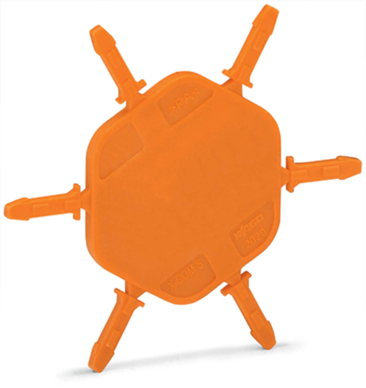 Ein orangefarbenes, sechszackiges, wiederverwendbares Kabelorganizer-Pad, das zur Verwaltung und Sicherung von Drähten oder Kabeln entwickelt wurde.