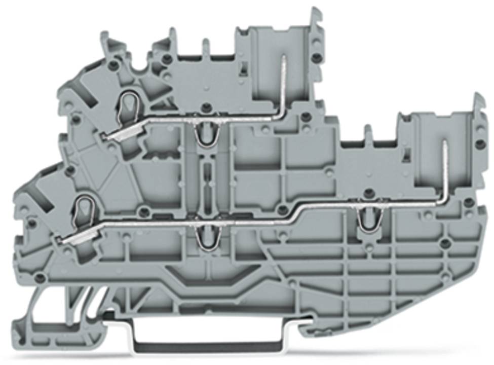 Graue Kunststoffkomponente mit einer gitterähnlichen Struktur und eingebetteten Metallbahnen, möglicherweise Teil von mechanischer oder elektronischer Ausrüstung.