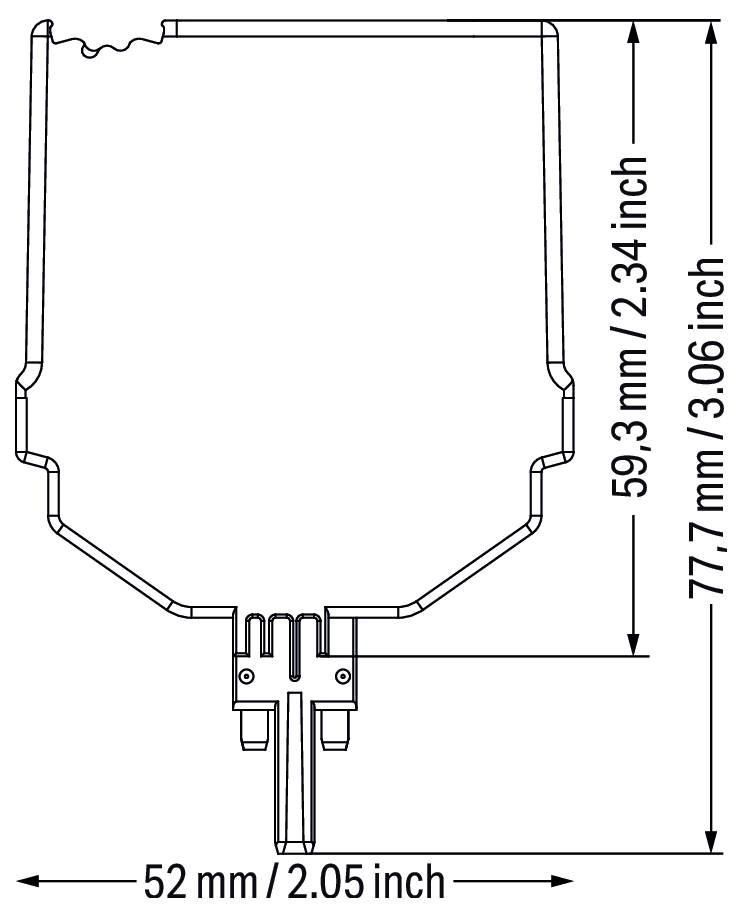Linienzeichnung eines Objekts mit Abmessungen: 52 mm (2,05 Zoll) Breite, 59,3 mm (2,34 Zoll) Höhe und 77,7 mm (3,06 Zoll) Gesamthöhe.