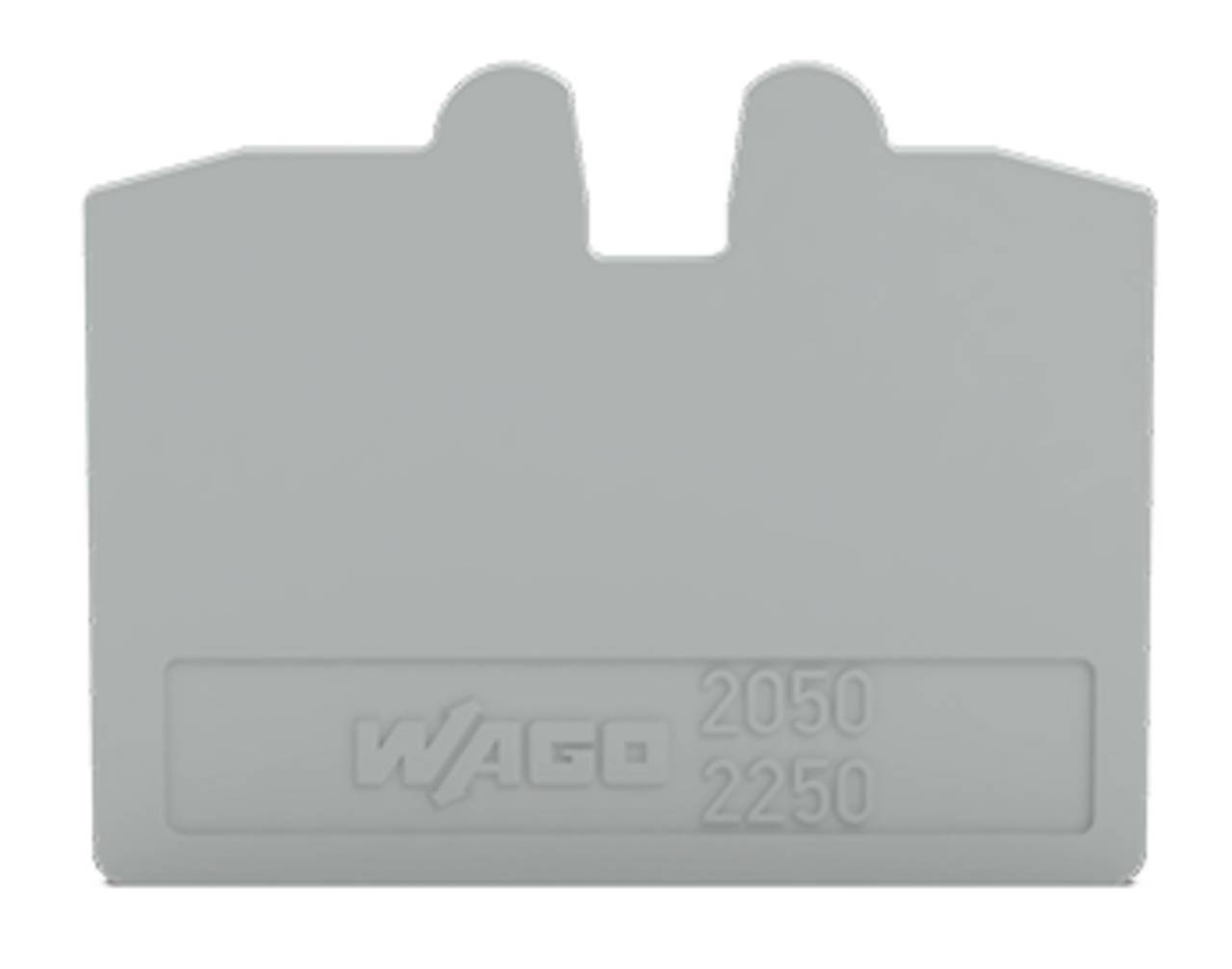 Ein kleines graues Panel mit einer Lasche mit geprägtem Text: „WAGO 2050 2250".