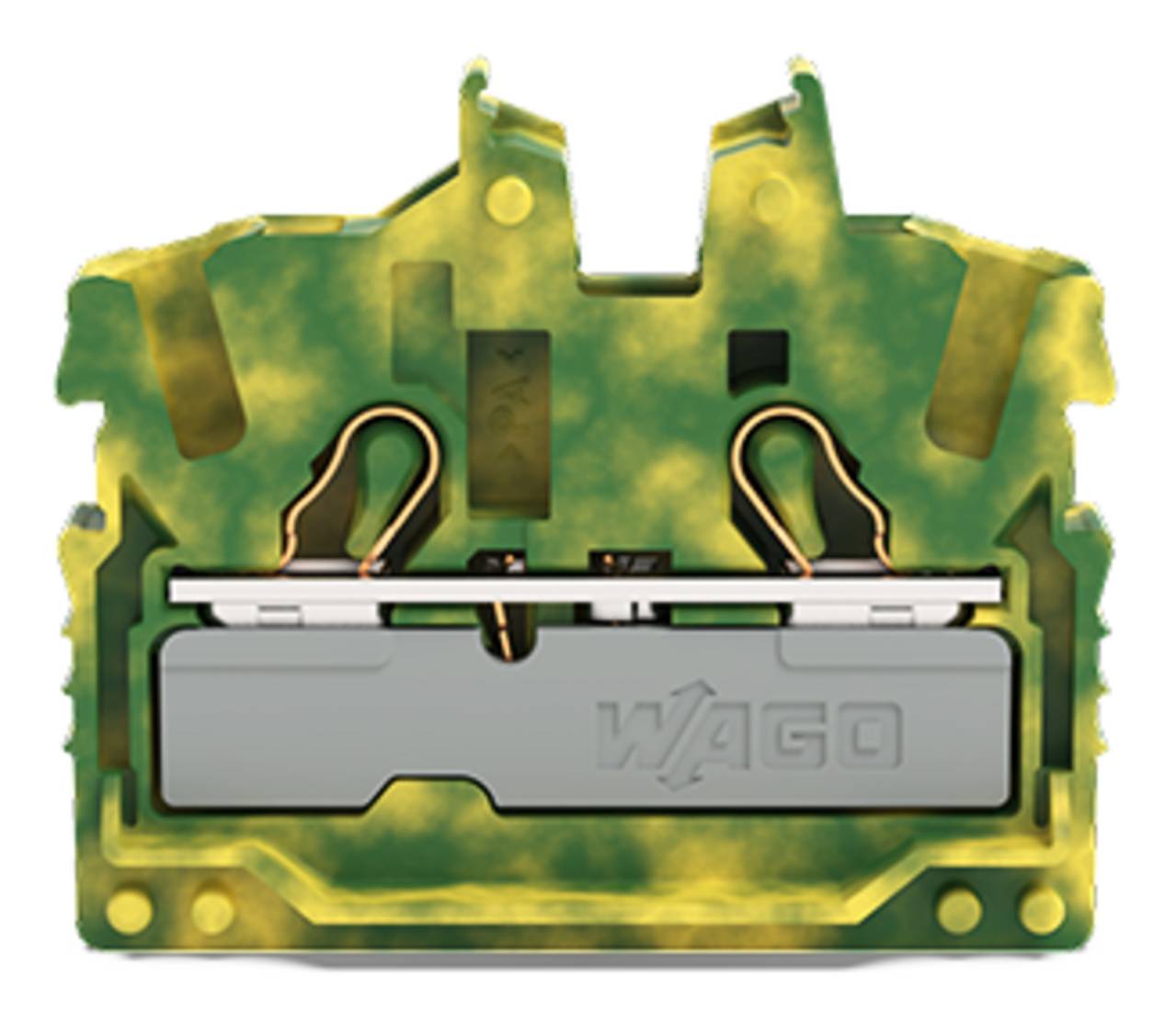 Ein getarnter Elektroklemmenblock mit zwei sichtbaren Klemmen für Drahtverbindungen und dem Markennamen "WAGO" auf der Vorderseite eingeprägt.