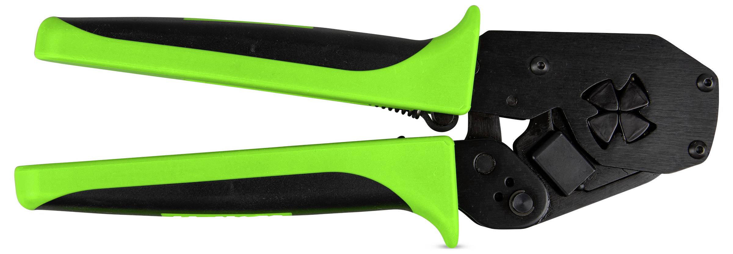 Ein schwarz-grünes Handwerkzeug mit einem mechanischen Backen zum Crimpen, horizontal gegen einen weißen Hintergrund positioniert.