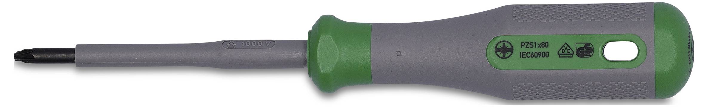 Ein grauer und grüner Schraubendreher mit Sicherheitssymbolen auf dem Griff.