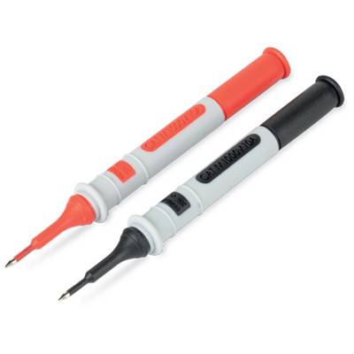 Zwei isolierte Multimeter-Messspitzen, eine rot und eine schwarz, mit spitzen Metallspitzen, parallel zueinander positioniert.