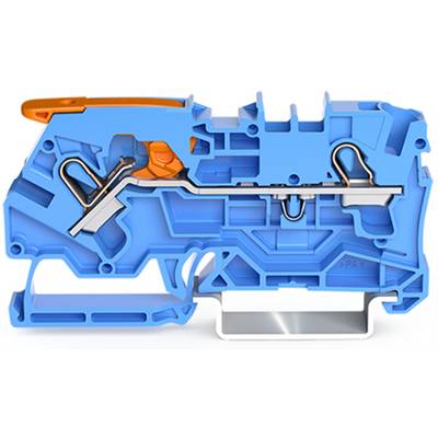 Ein Querschnitt eines blauen Elektrosteckers, der interne Komponenten zeigt, mit orangefarbenen und silbernen Elementen, die den Verbindungsmechanismus hervorheben.