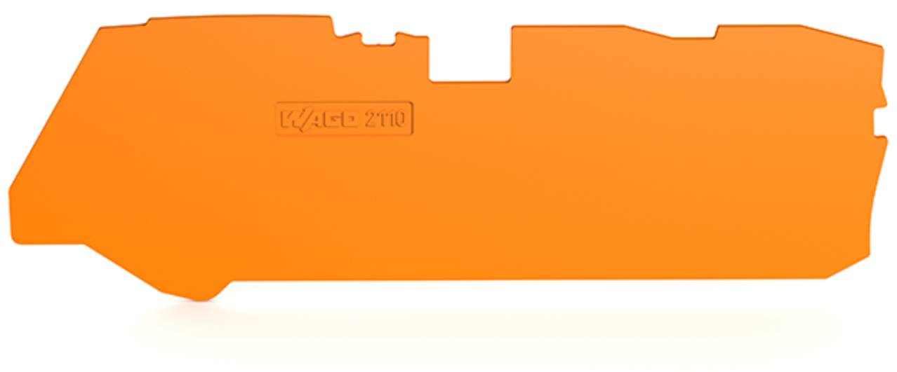 Ein orangefarbenes, flaches, unregelmäßig geformtes Kunststoffteil mit dem eingeprägten Etikett "WAGO 2710".