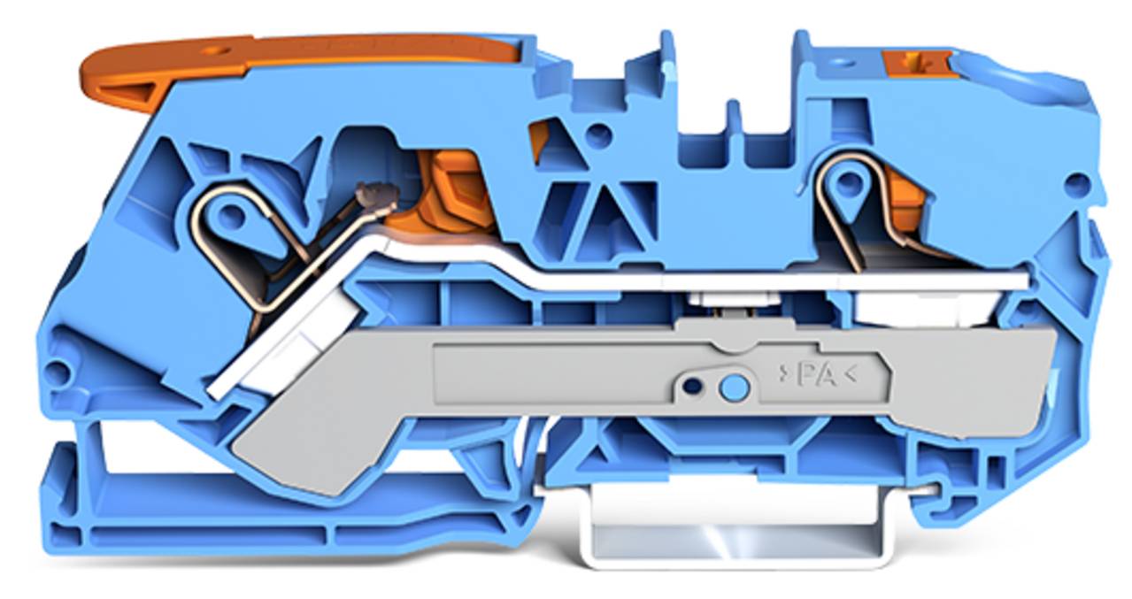 Querschnittansicht eines blau-orangen Klemmblocks mit internen Verbindungen und Komponenten.