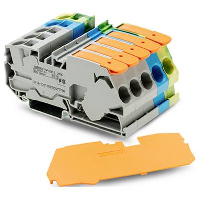Eine grau und orange modulare Elektrokomponente mit Hebeln und Anschlüssen, dargestellt in zerlegt Zustand. Geeignet für Verkabelung und Schaltungsverwaltung.