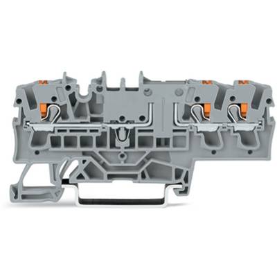 Ein graues elektrisches Klemmleistenblock mit mehreren Ein- und Ausgängen, mit kompaktem Design und orangefarbenen Drucktechnik-Hebeln.