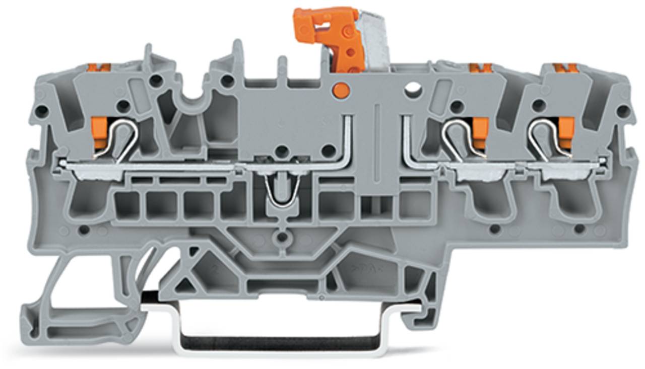 Ein grau-oranges Klemmenblock mit mehreren Anschlussplätzen und Drähten. Wird für elektrische Verdrahtung und Signalverteilung in Schaltschränken verwendet.