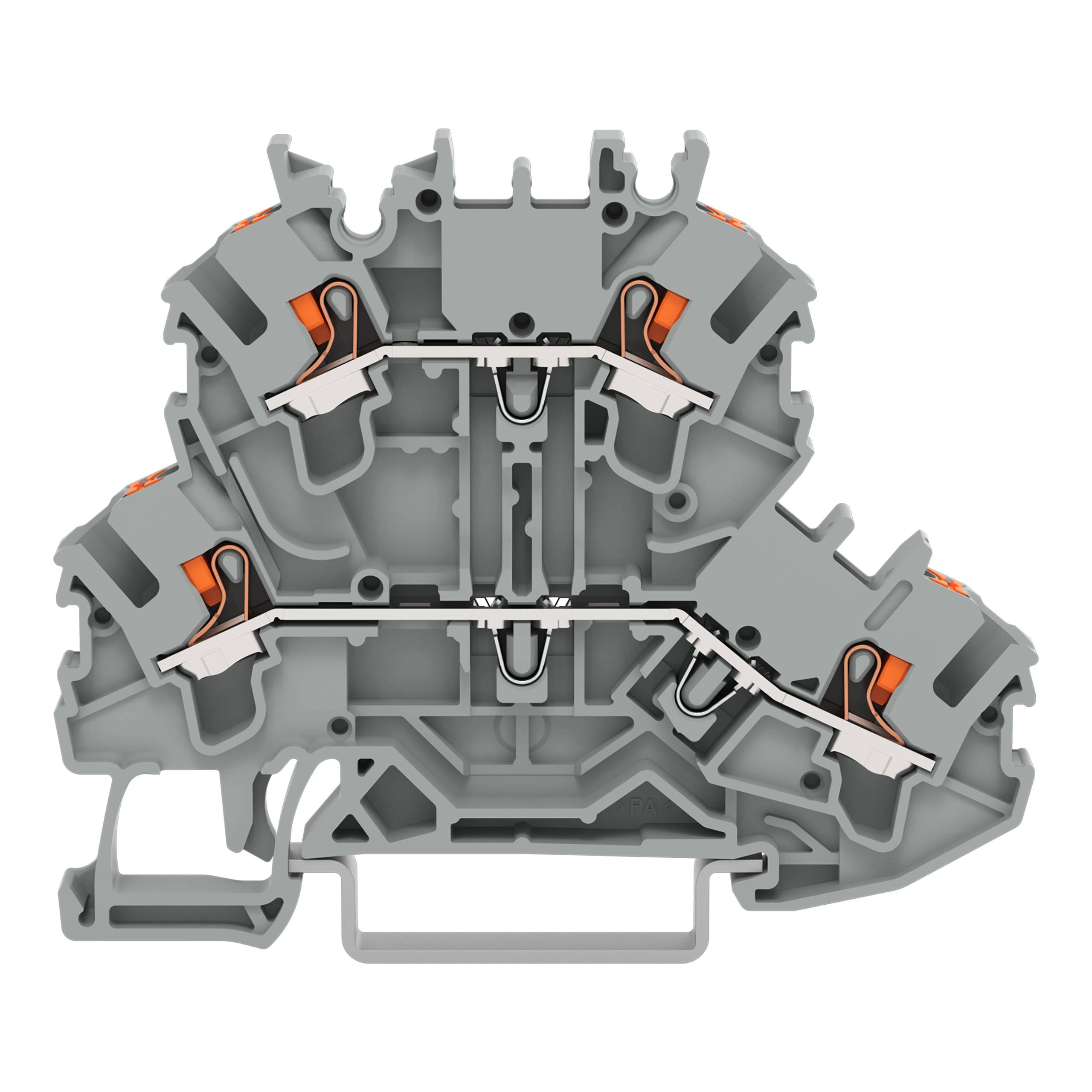Querschnitt eines mehrstufigen Klemmblocks, der interne Verdrahtungswege und Verbindungen zeigt und dessen Design und Funktionalität veranschaulicht.