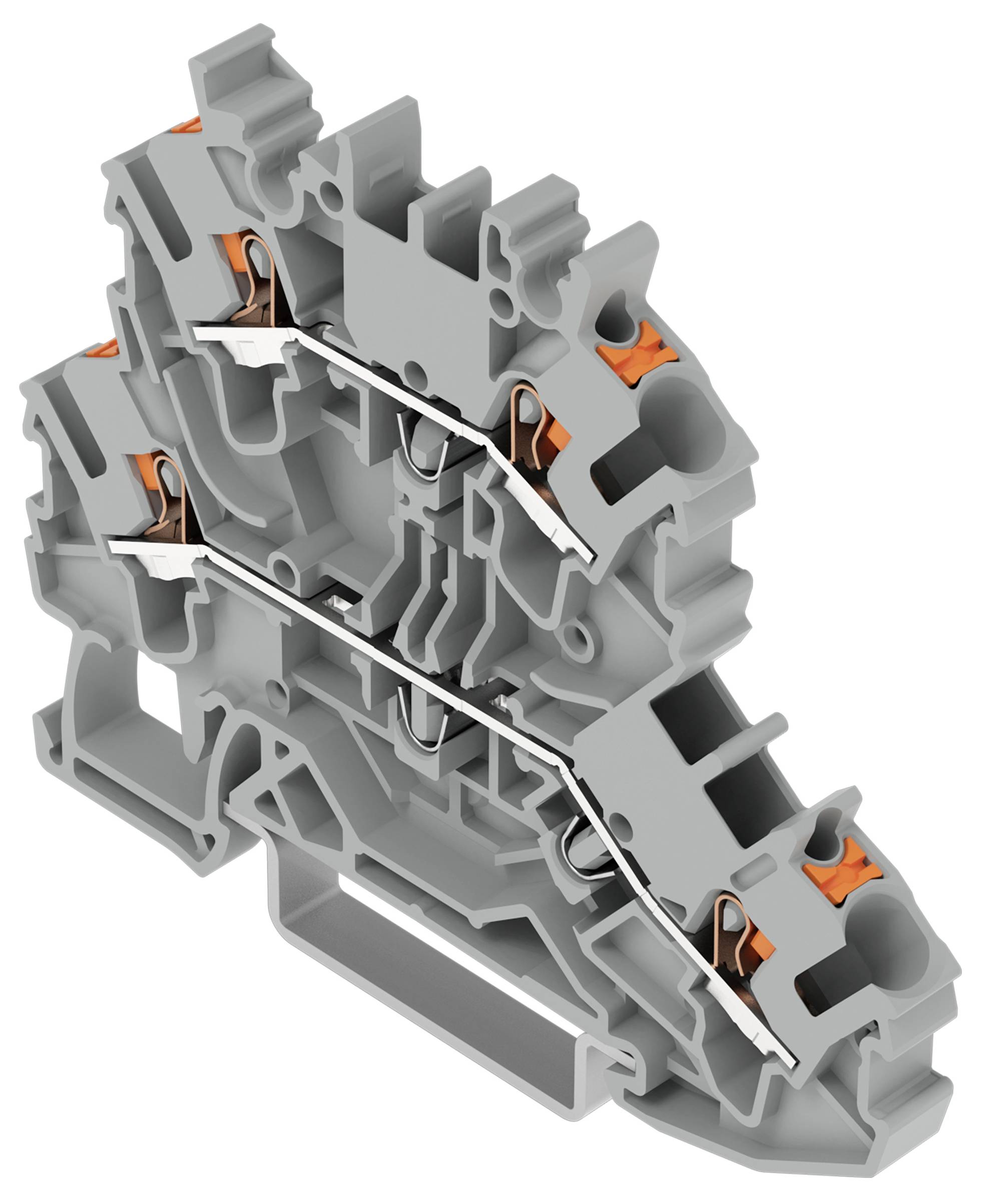 Eine Querschnittansicht eines grauen modularen Klemmenblocks mit orangefarbenen Anschlüssen, die interne Verdrahtung und Verbindungspunkte zeigt.