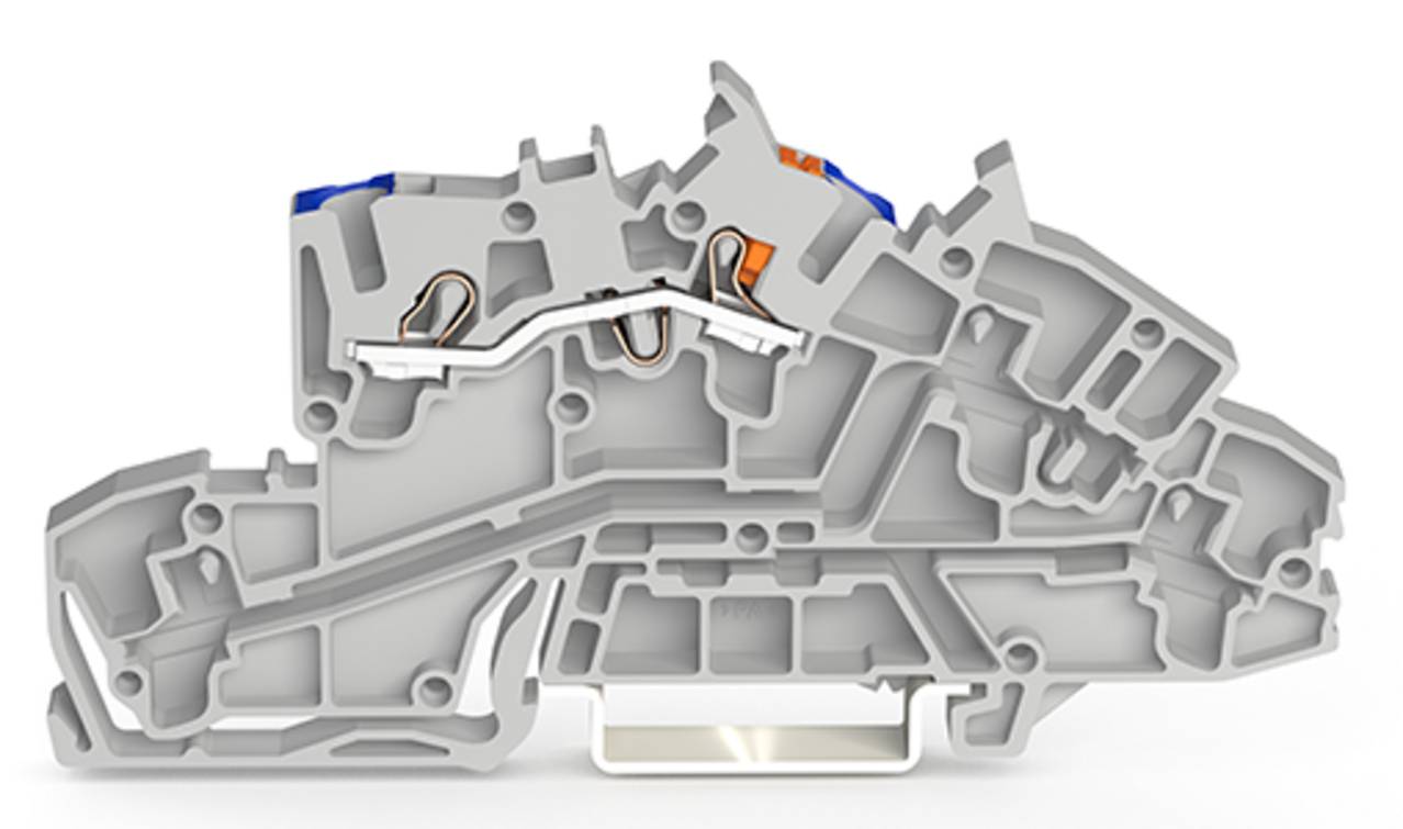 Querschnitt einer komplexen mechanischen Komponente, die innere Strukturen und Pfade zeigt. Das Layout deutet auf ein kompliziertes Ingenieursdesign hin.