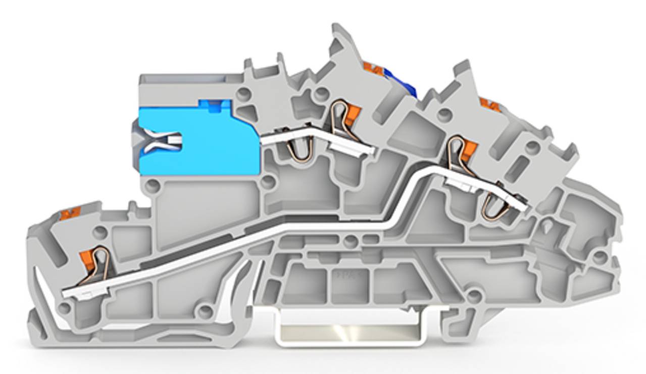 Ein Industrie-Steckverbinder-Klemmenblock in einer Schnittansicht, die seine innere Struktur und Verdrahtungskanäle in Grau und Orange zeigt.