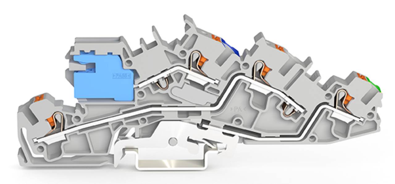 Querschnitt eines grauen Elektroklemmenblocks mit Anschlüssen und interner Verkabelung, wobei orange, blaue und grüne Komponenten hervorgehoben sind.