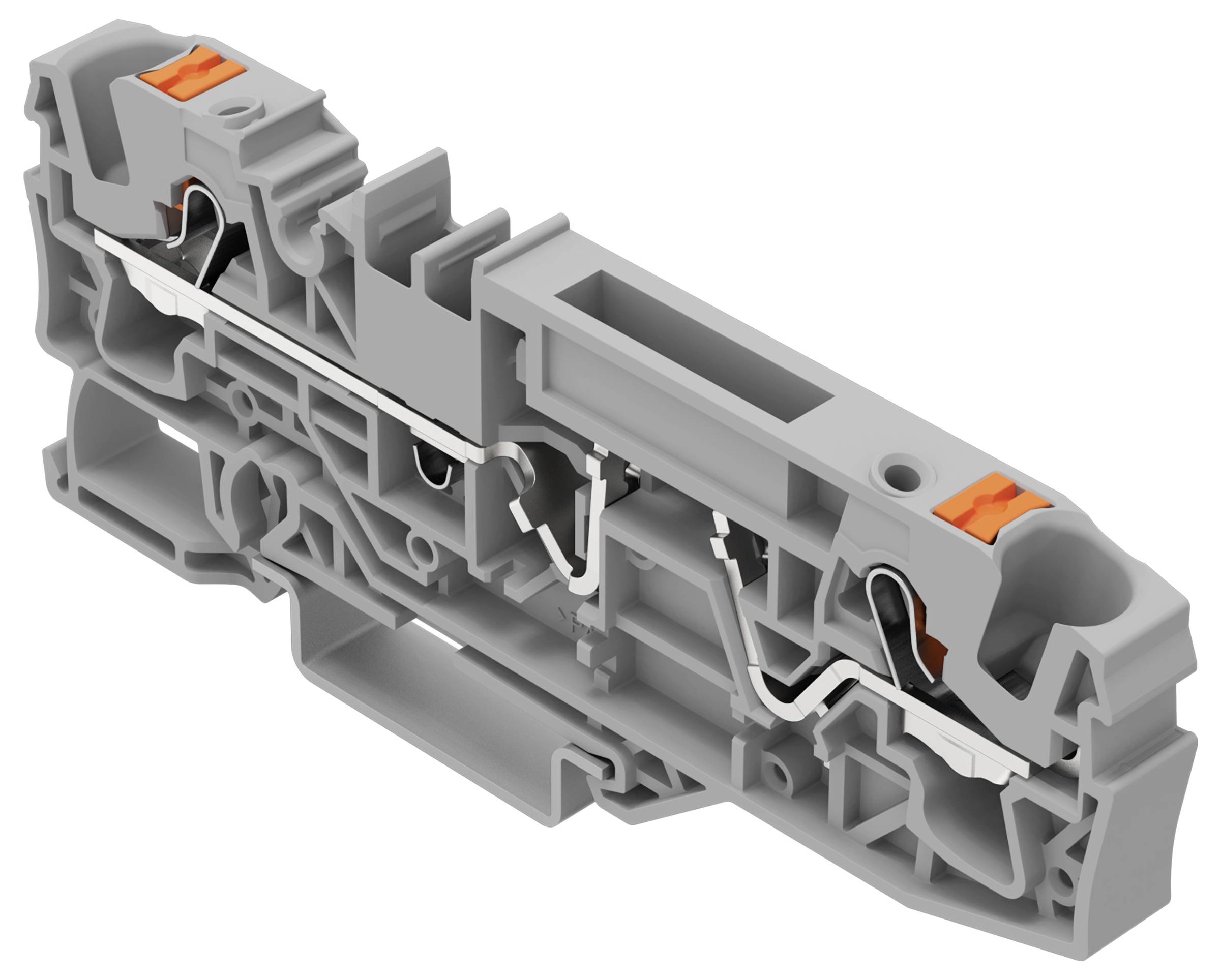 Ein grauer, modularer Elektrostecker mit internen Verdrahtungswegen und orangefarbenen Klemmen, der für sichere Drahtverbindungen in industriellen Umgebungen konzipiert ist.