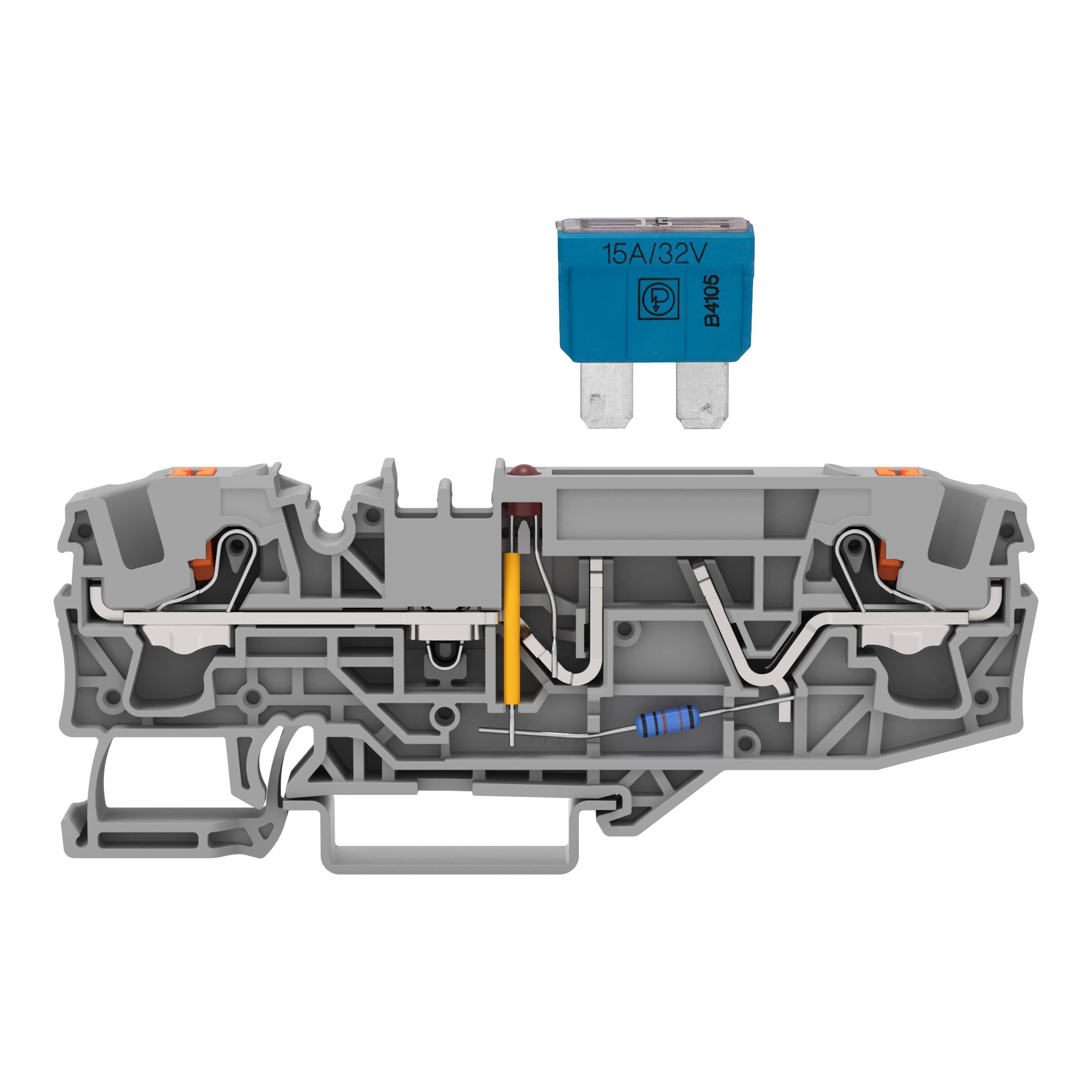 Eine graue elektrische Komponente mit innerer Verdrahtung und einem Widerstand befindet sich am unteren Ende. Darüber ist eine blaue 15A/32V-Automotiv-Flachsicherung dargestellt.