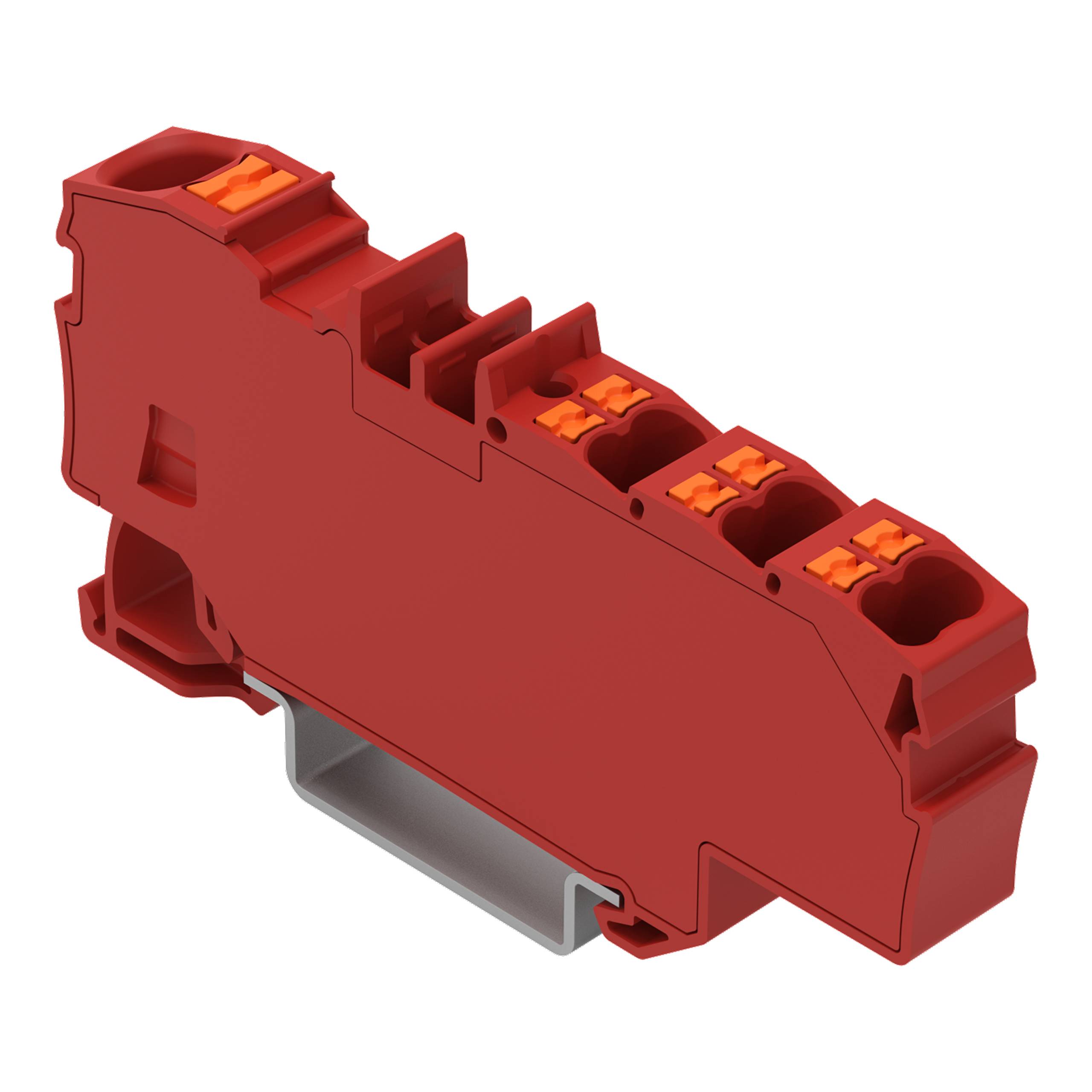 Ein rotes Terminalblock mit vier Anschlüssen, das zum Sichern und Organisieren von Elektrokabeln in industriellen oder Wohnungssystemen verwendet wird.