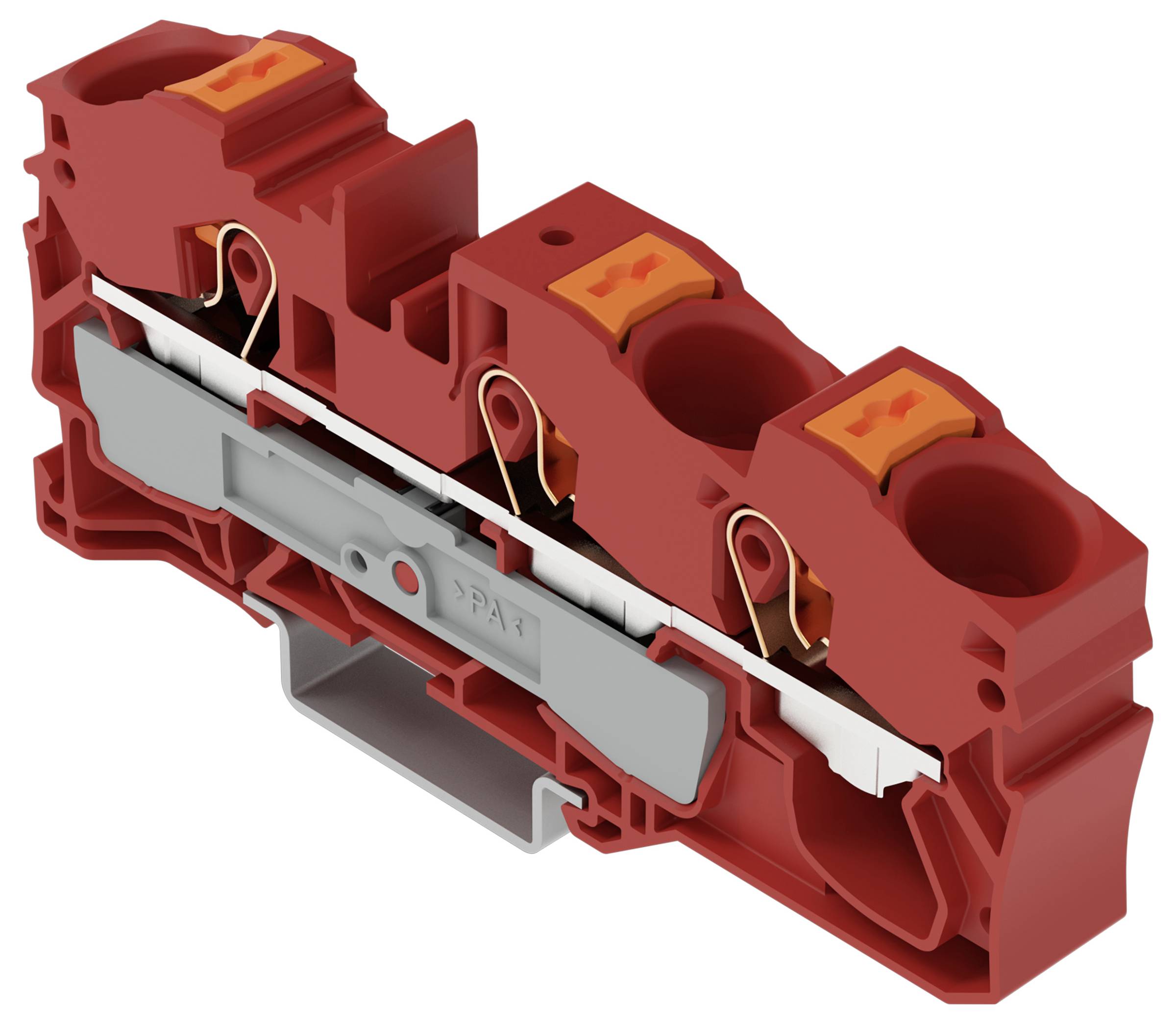 Rotes Anschlussklemmenblock mit zwei Anschllusspunkten und orangefarbenen Hebeln, mit einer grauen Metallbefestigungsklammer darunter.