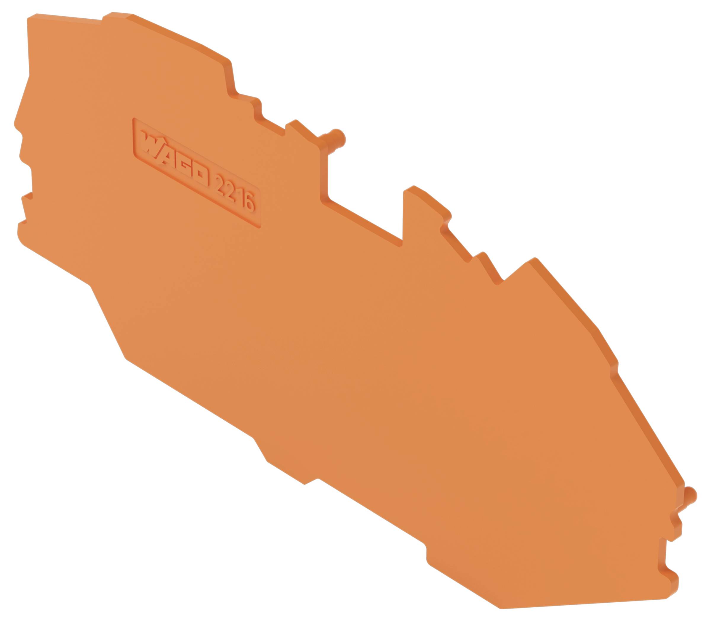 Orangefarbenes Kunststoffteil mit detaillierten Kanten, das Vertiefungen und Vorsprünge aufweist, mit der Bezeichnung "WAGO 221-6".