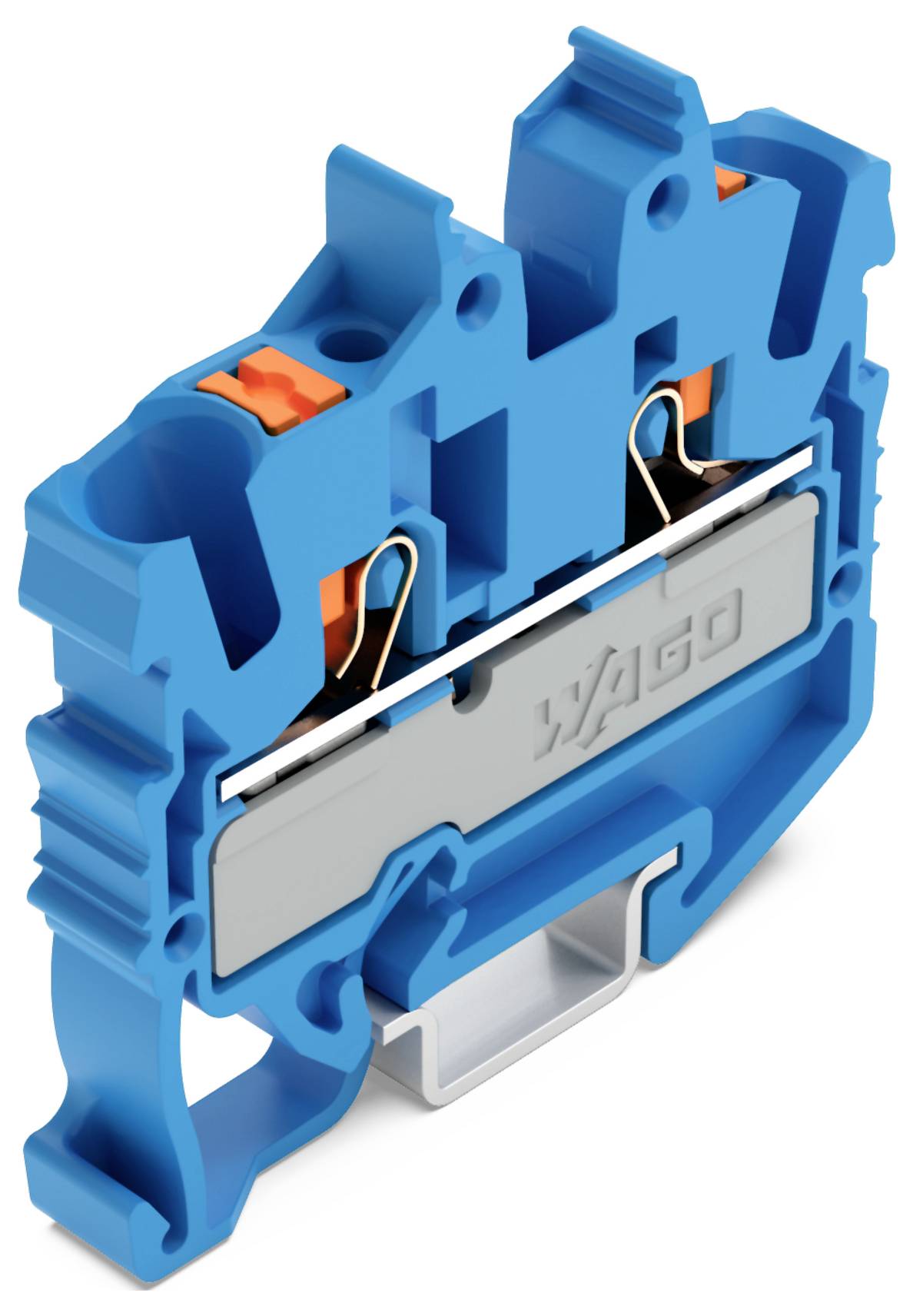 Blauers Stromverteilblock mit orangefarbenen Steckverbindern, mit einem grauen Verriegelungsmechanismus, auf dem deutlich "WAGO" zu sehen ist.
