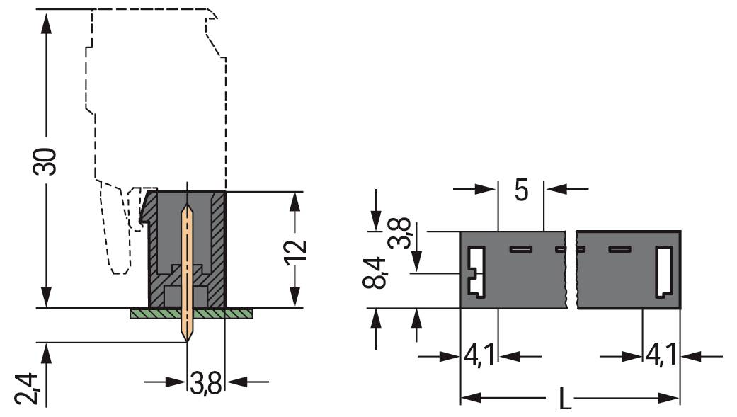 Technisches Diagramm mit Abmessungen einer elektrischen Komponente mit Messwerten in Millimetern für Höhe, Breite und Steckerauslass-Abstand.