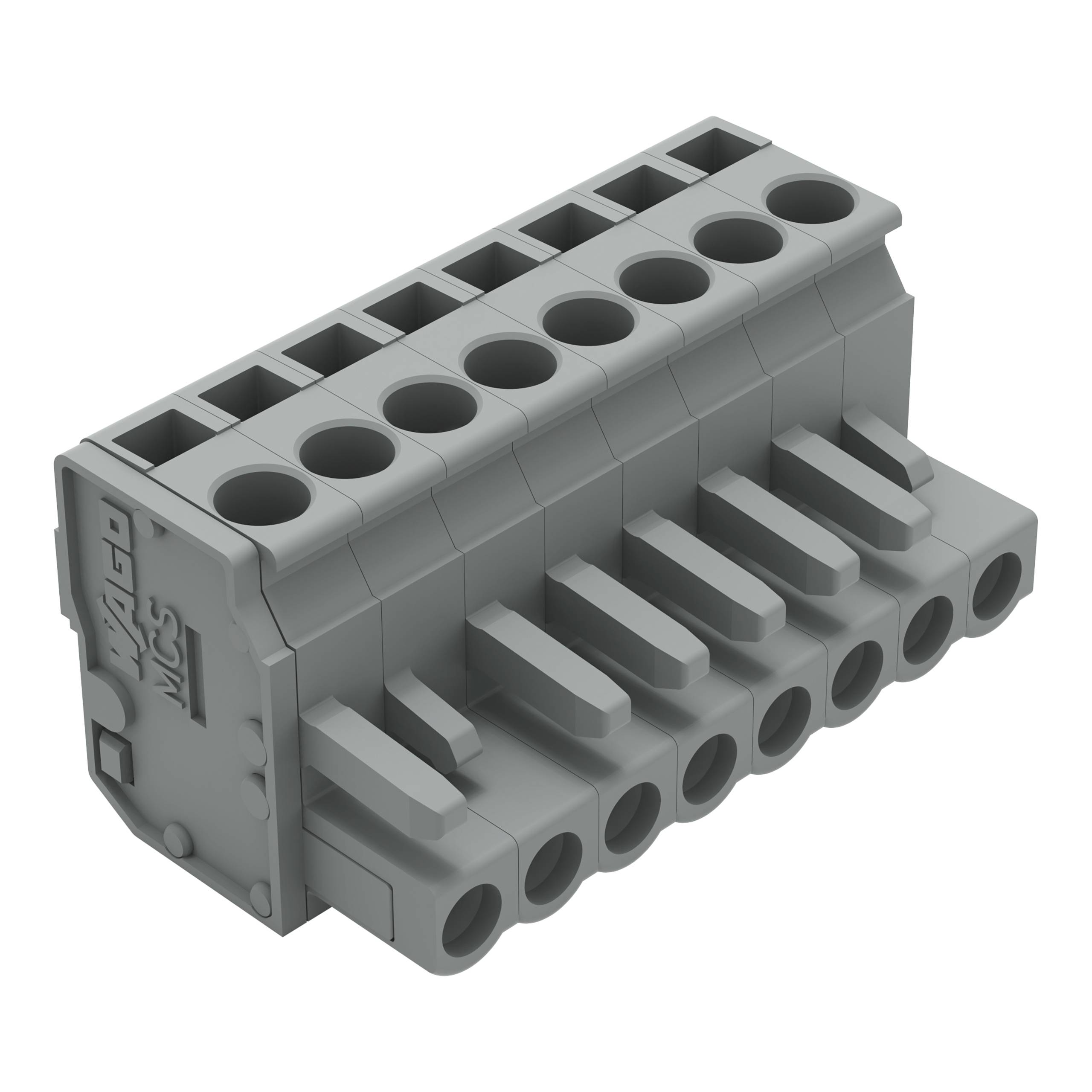 „WAGO MCS" grauer Kunststoff-Klemmblock mit acht Anschlüssen für elektrische Verbindungen, das sein kompaktes und übersichtliches Design zeigt.