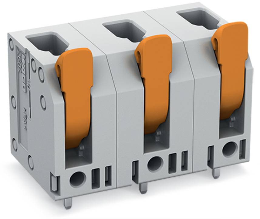 Ein dreipoliges Klemmenbrett mit orangen Hebeln für Drahtverbindungen. Es hat ein graues Gehäuse und ist für die elektrische Verkabelung ausgelegt.