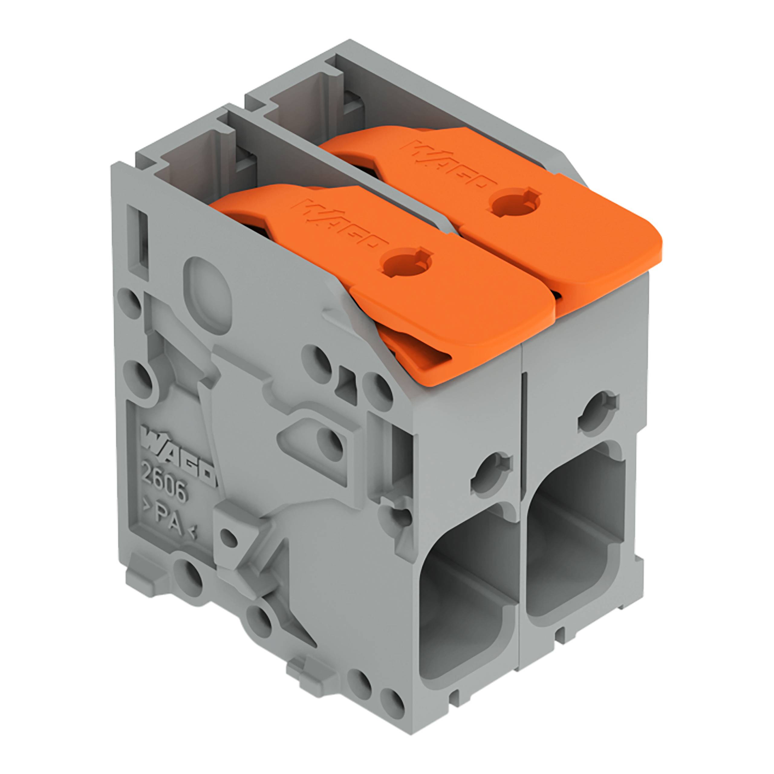 Das Bild zeigt eine graue Elektroklemme mit zwei orange Hebeln, die zum Verbinden von Elektrokabeln verwendet wird.