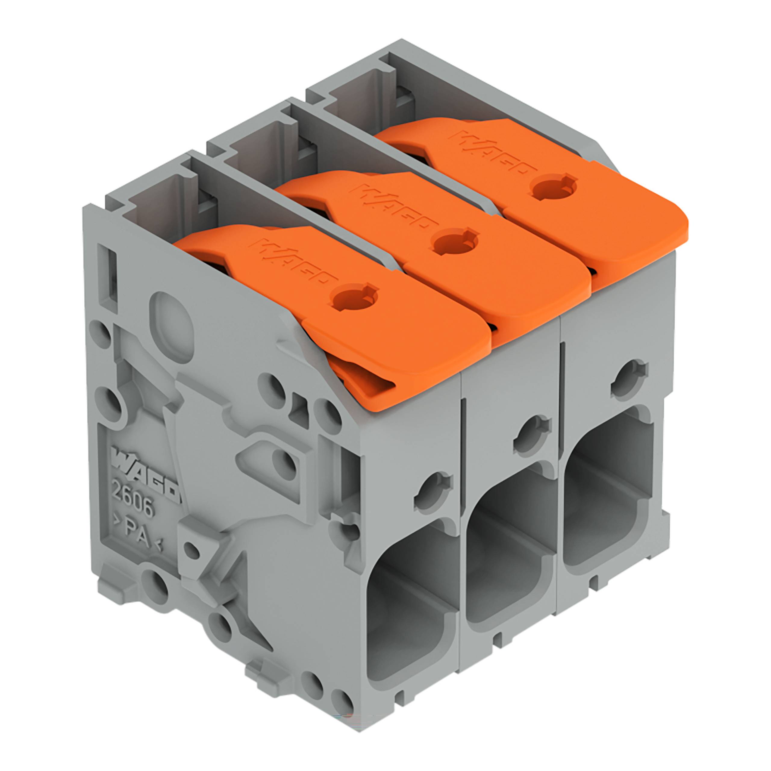 Ein grau-oranger elektrischer Verbindungsblock mit drei Klemmeneinheiten in einer Reihe, entwickelt zum Sichern von elektrischen Drähten.